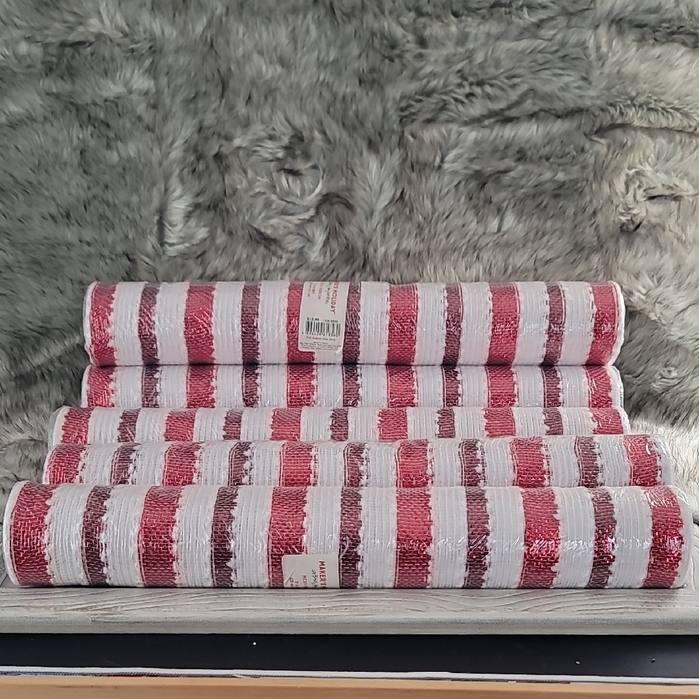 Festive Red and White Striped Holiday Deco Mesh 5 Rolls